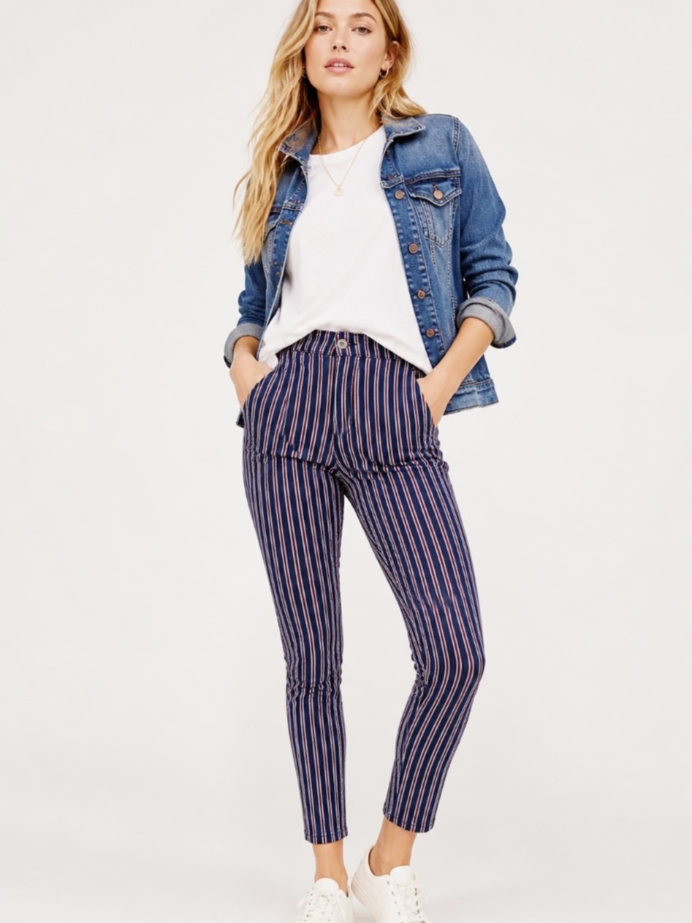 Free People Navy Red Pinstripe Skinny Pants High Rise Ankle 28